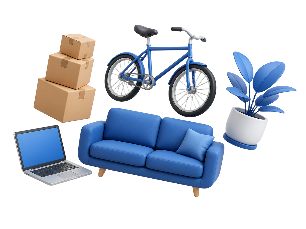 Ilustración 3D de sofá, cajas, bicicleta, planta y laptop